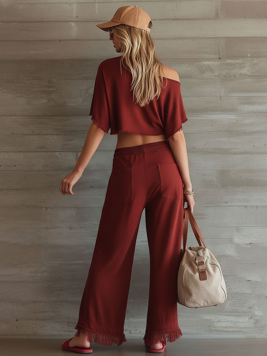 Casual Sporty Retro Frayed Maroon Pure Cotton Short-Sleeved Top And Pants Set