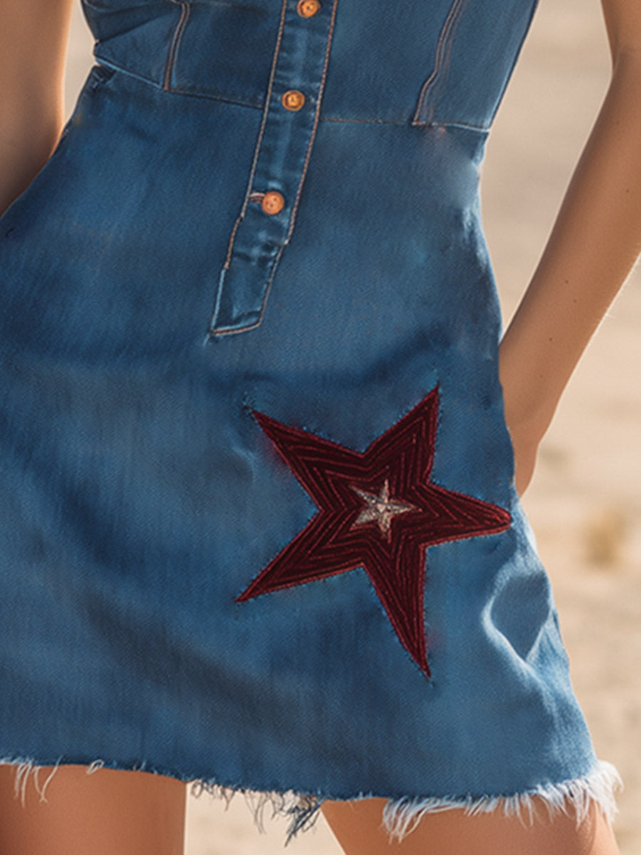 Stylish Western-Style Red Star-Embroidered Blue Denim Mini Dress
