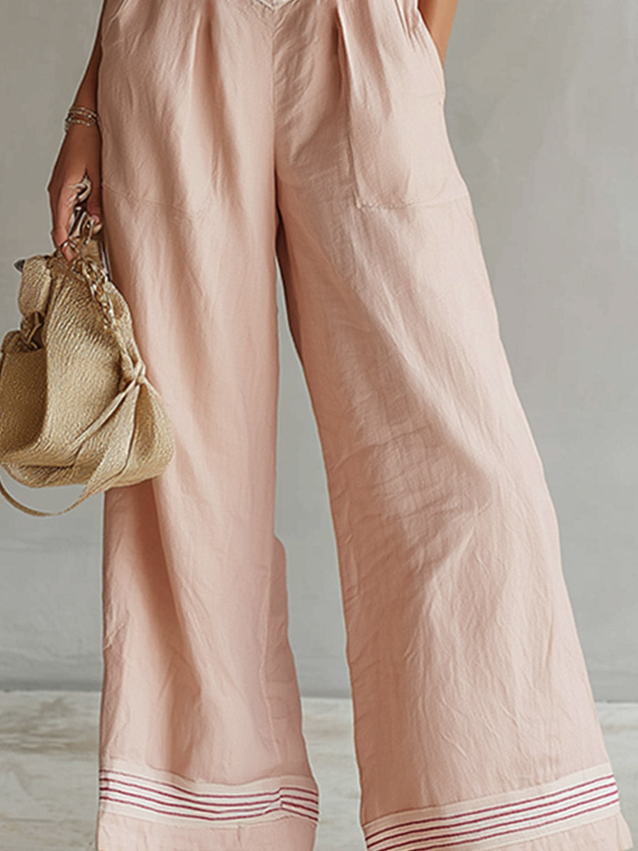 Elegant Urban Striped Trim Pink Cotton-Linen Jumpsuit