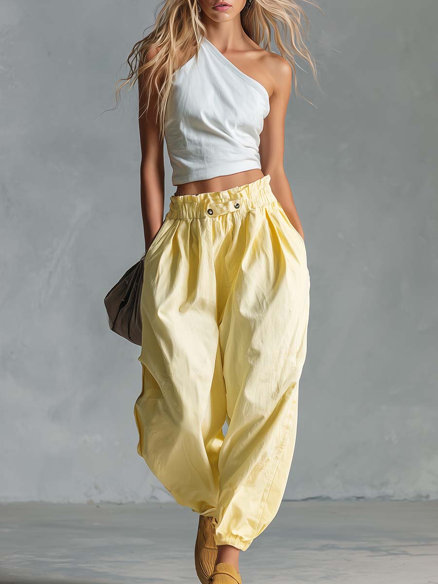 Casual Fashion White Cotton-Linen One-Shoulder Top And Light Yellow Pants Set