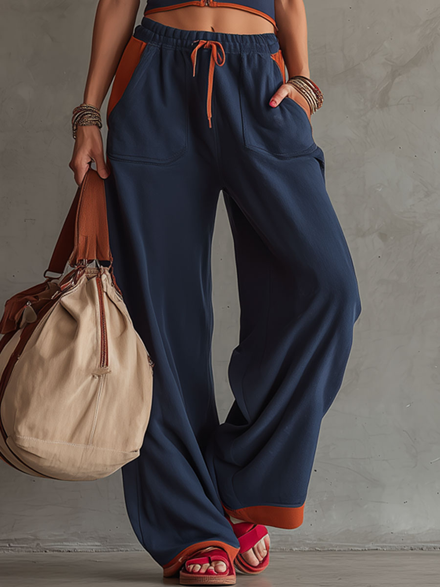 Casual Sporty Retro Orange Trim Navy Blue Pure Cotton Sleeveless Top And Pants Set