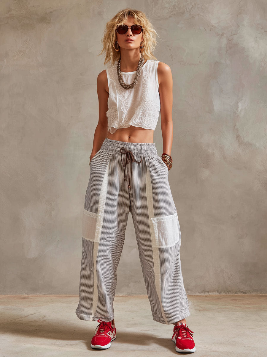 Casual Retro White Lace Cotton Linen Sleeveless Shirt And Striped Pants Set
