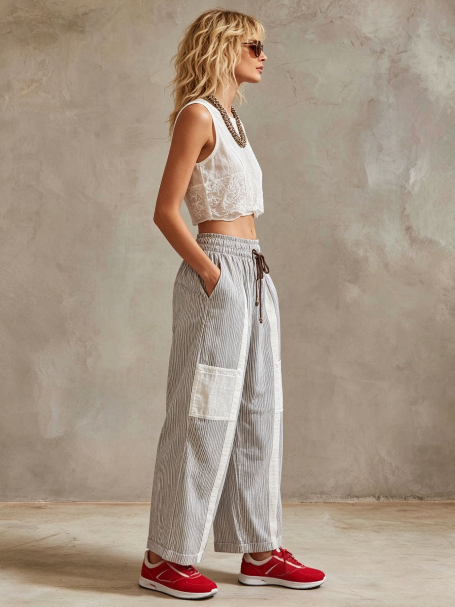 Casual Retro White Lace Cotton Linen Sleeveless Shirt And Striped Pants Set