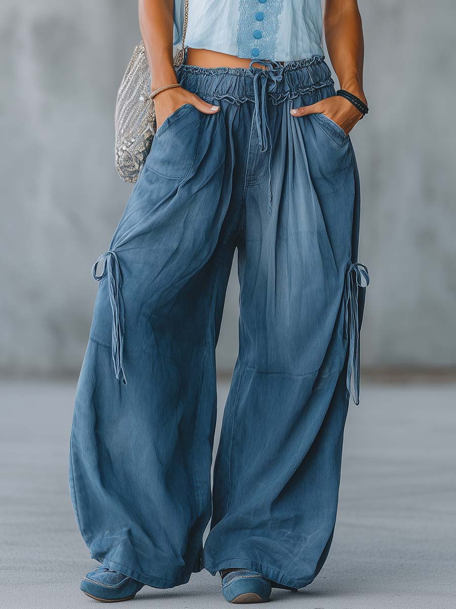 Retro-Casual Bohemian Light Blue Cotton-Linen Top And Dark Blue Denim Jeans Set