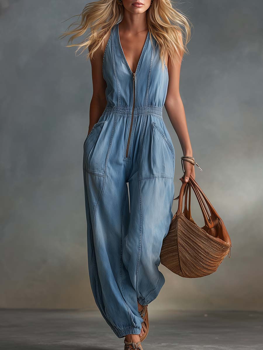 Casual Retro V-Neck Front-Zip Blue Denim Jumpsuit