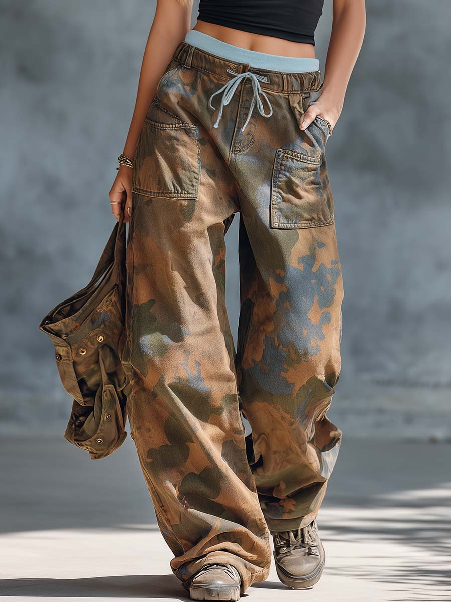 Streetwear Casual One Shoulder Top And Camouflage Cargo Pants Outfit