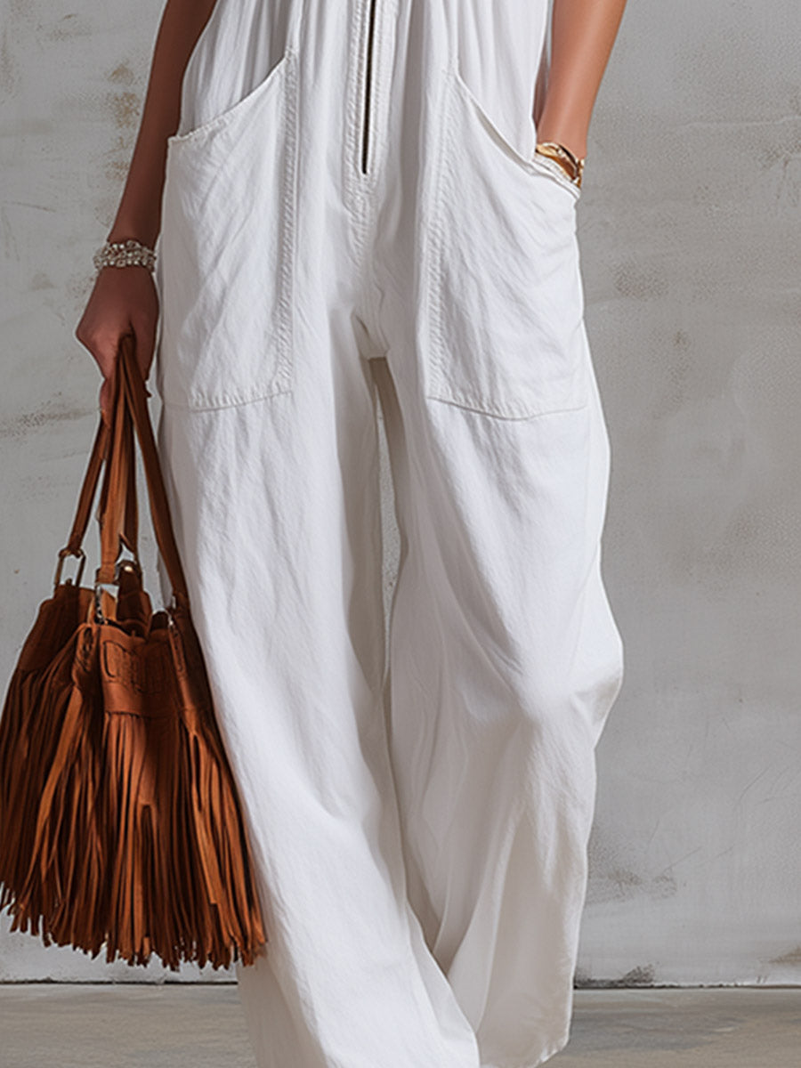 Retro Casual Lace-Trimmed White Cotton Jumpsuit