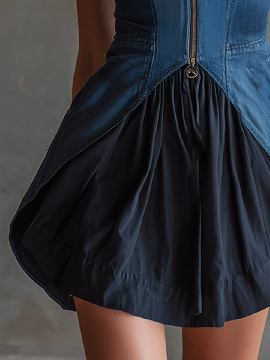 Chic Retro Blue Denim Patchwork Black Cotton A-Line Mini Dress