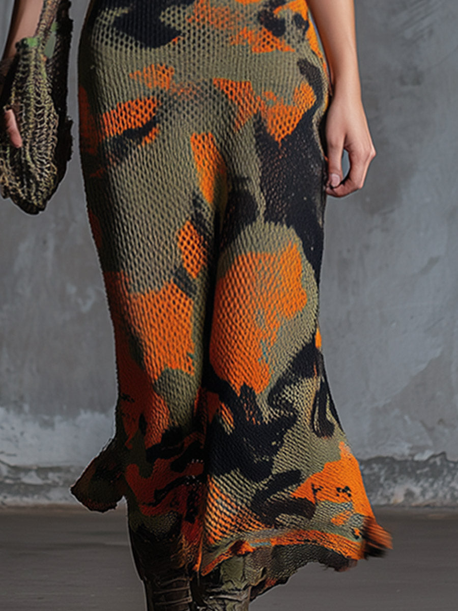 Chic Urban Military-Style Orange Camouflage Mesh Knit Maxi Dress