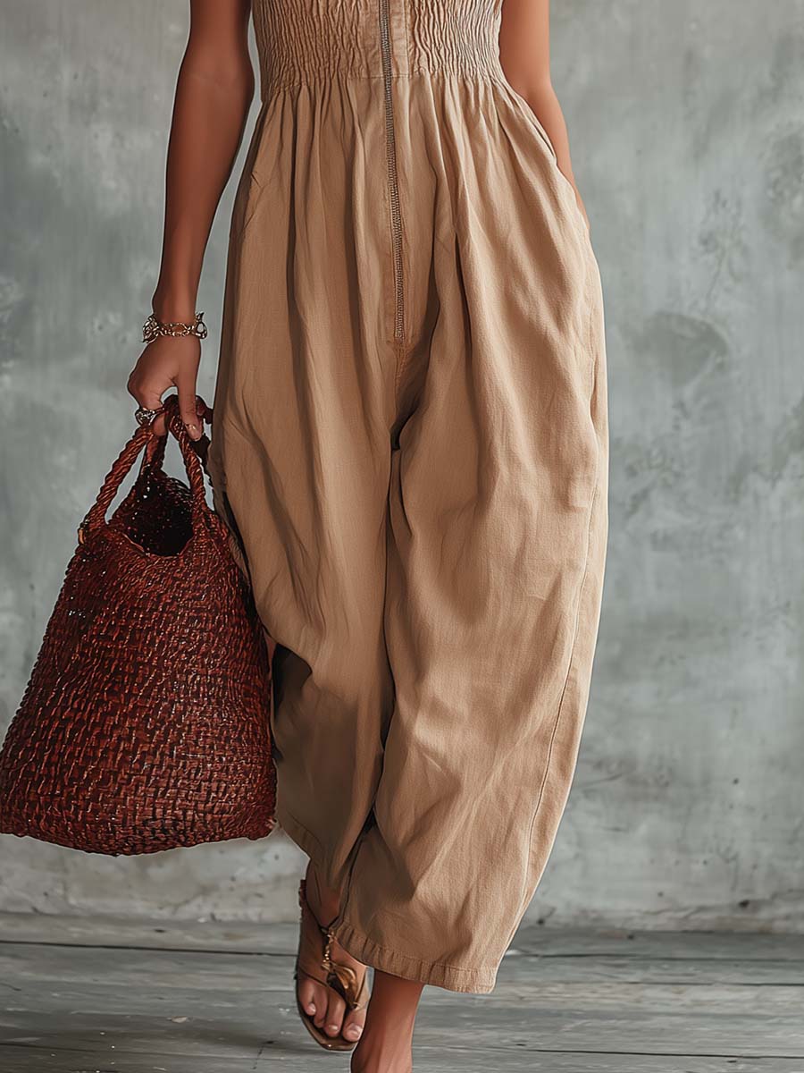 Casual Fashion Square Neck Front Zipper Light Camel Denim Jumpsuit