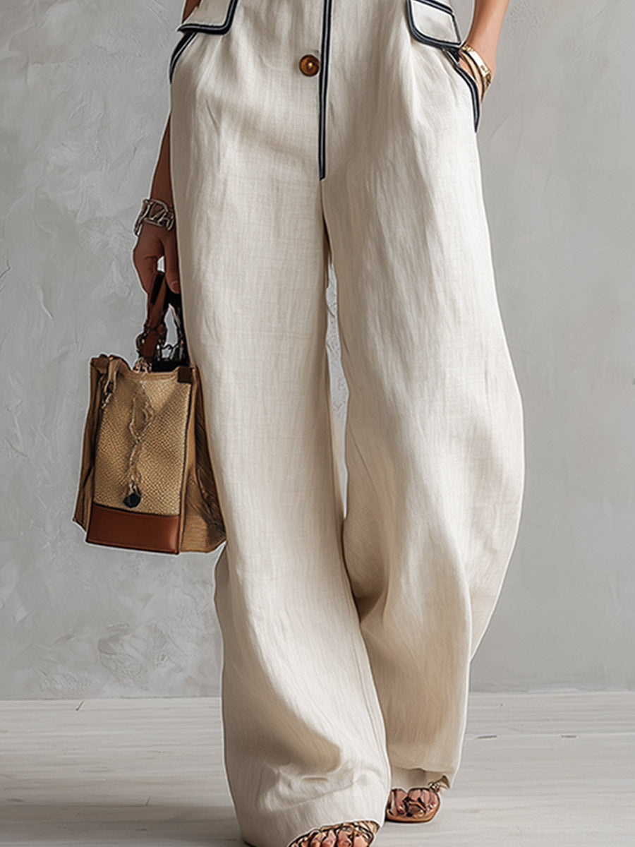 Retro-Elegant Piped Off-White Cotton-Linen Jumpsuit