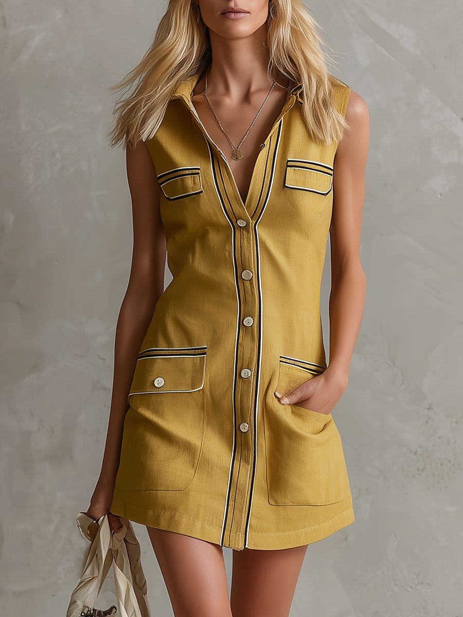 Casual Retro Color-blocked Ribbon Yellow Sleeveless Collared Cotton And Linen Mini Dress