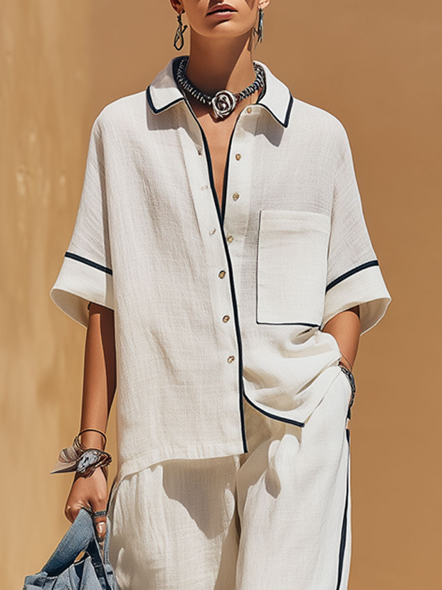 Casual Retro Black-trimmed White Cotton Linen Short-sleeved Shirt And Pants Set