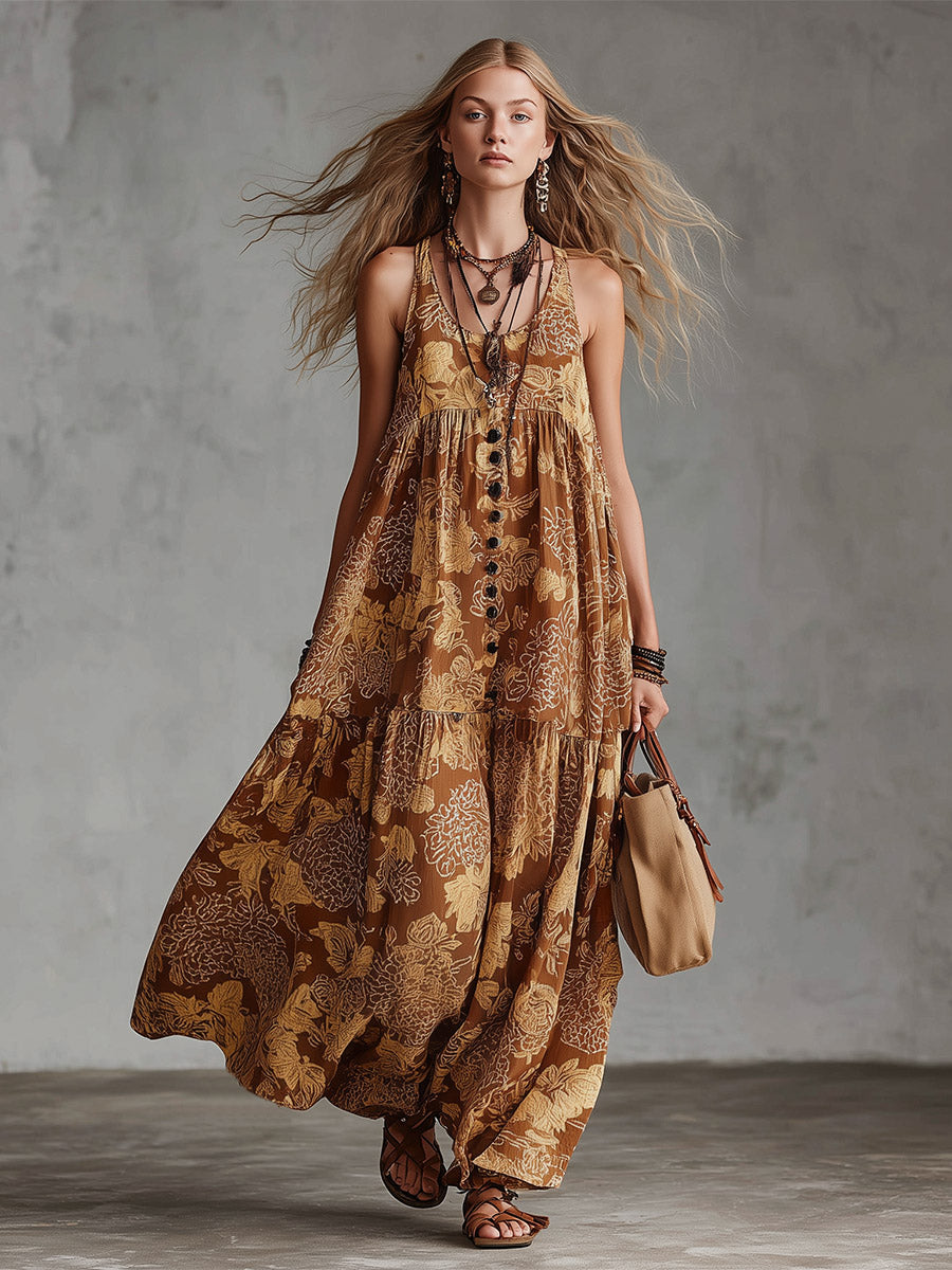 Retro Boho Brown Floral Print Cotton-Linen Maxi Dress