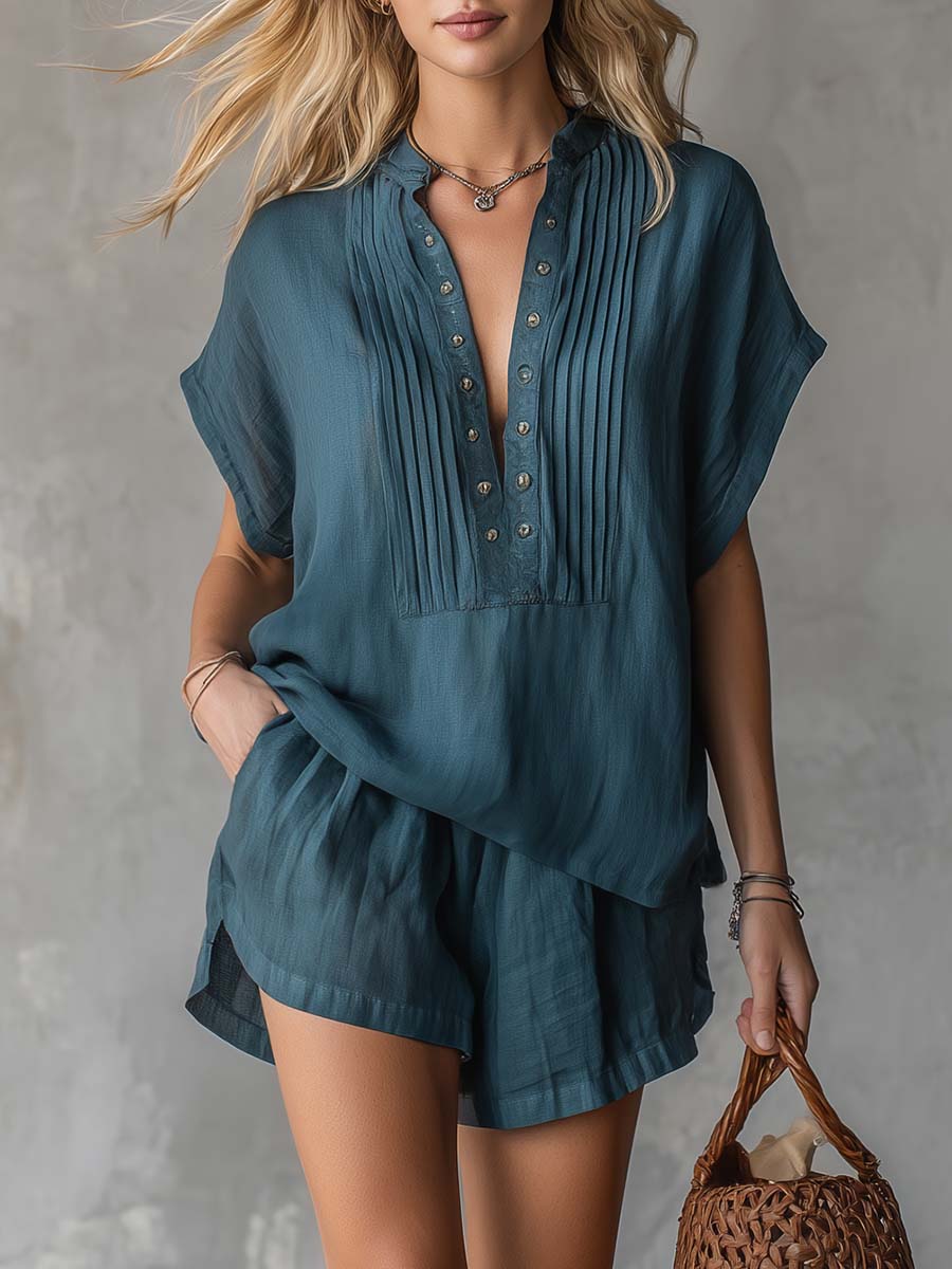 Retro Casual V-Neck Teal Cotton-Linen Top And Shorts Set