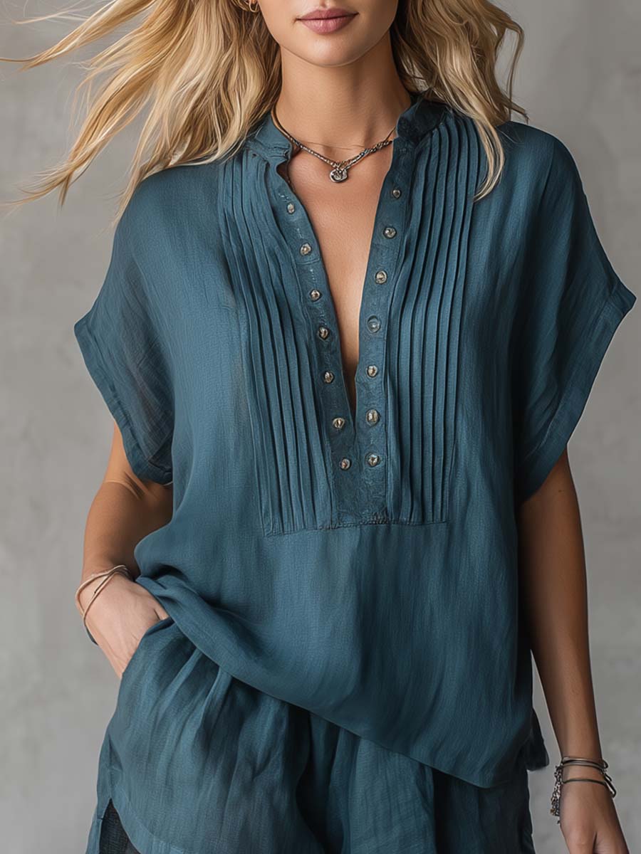 Retro Casual V-Neck Teal Cotton-Linen Top And Shorts Set