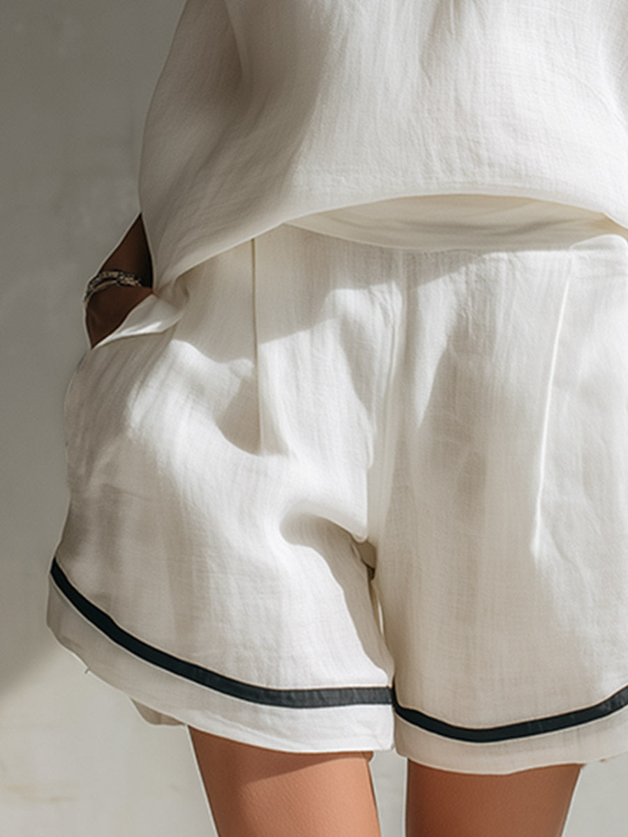 Elegant Minimalist Piping Detail White Halter-Neck Top & Linen Shorts Set