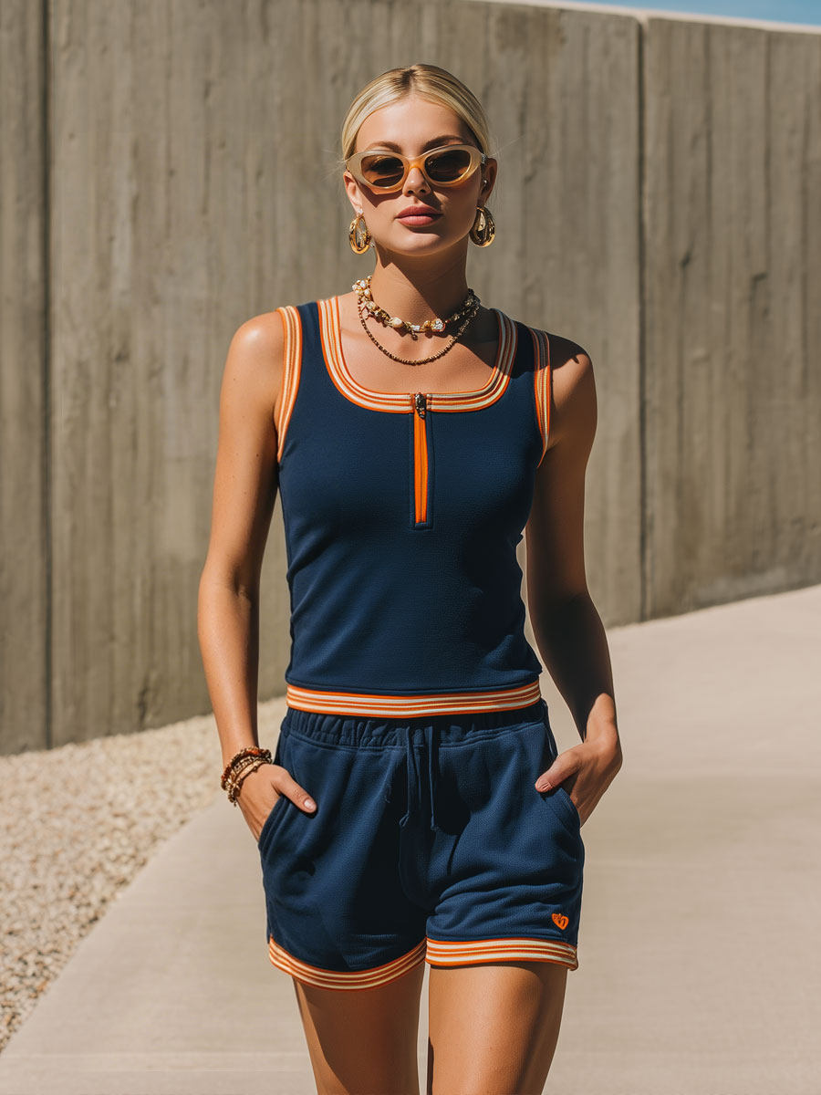 Sporty Retro Striped Navy Blue Cotton Sleeveless Zip-up Top And Shorts Set