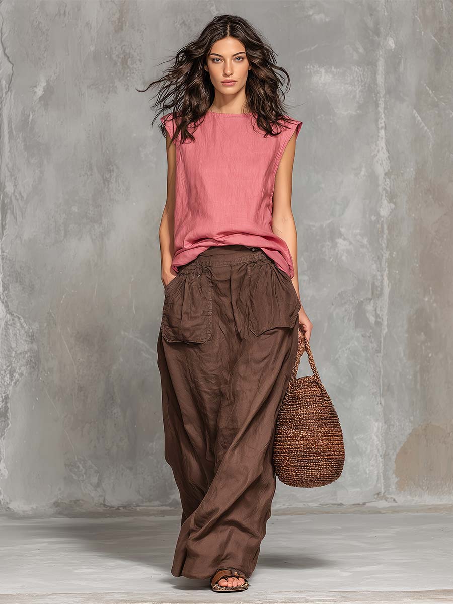Casual And Relaxed Pink Cotton-Linen Top And Brown Cargo Skirt Set