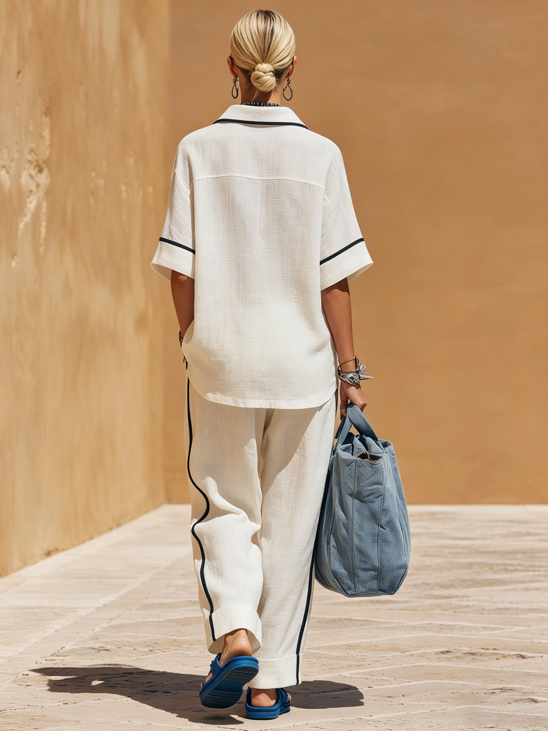 Casual Retro Black-trimmed White Cotton Linen Short-sleeved Shirt And Pants Set