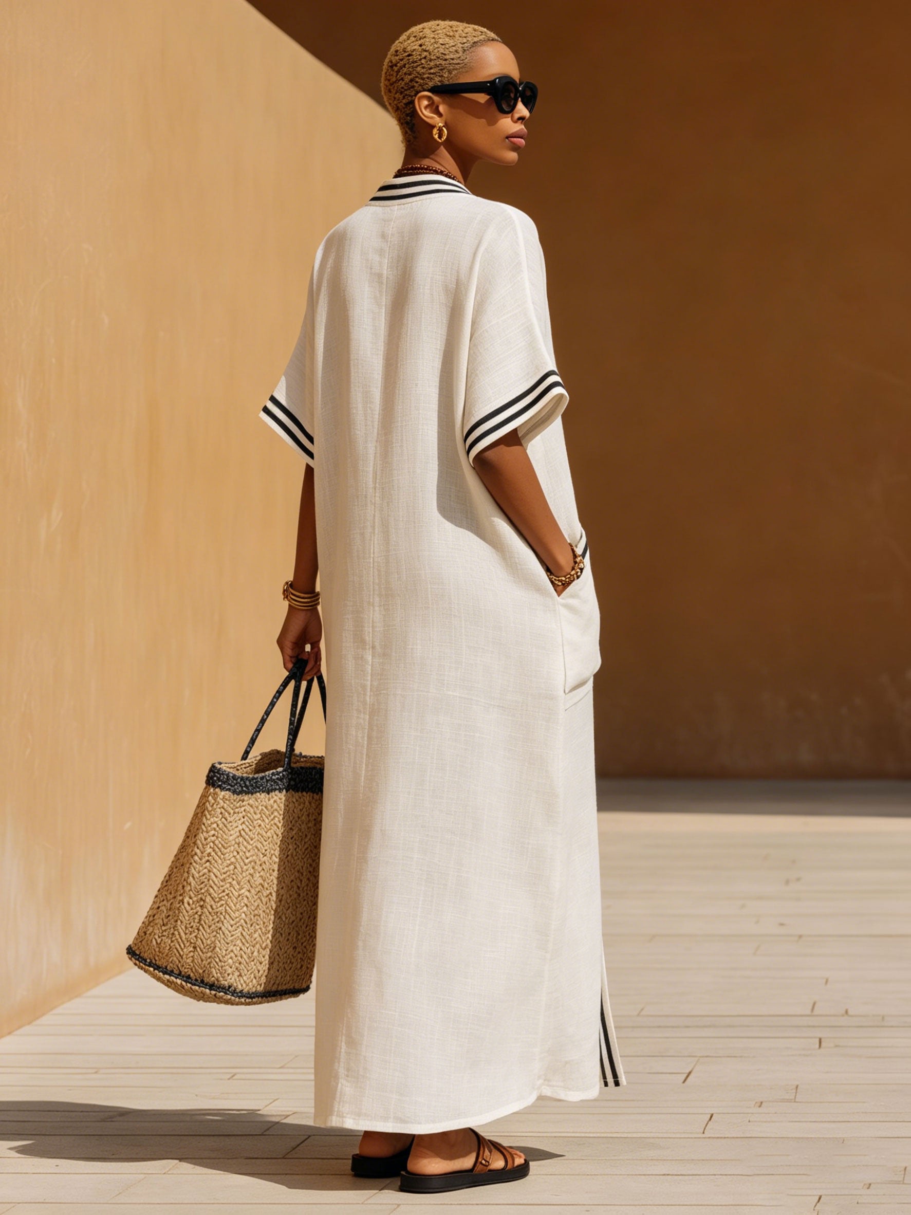Casual Retro Black Striped White Cotton Linen Short-sleeved Maxi Dress