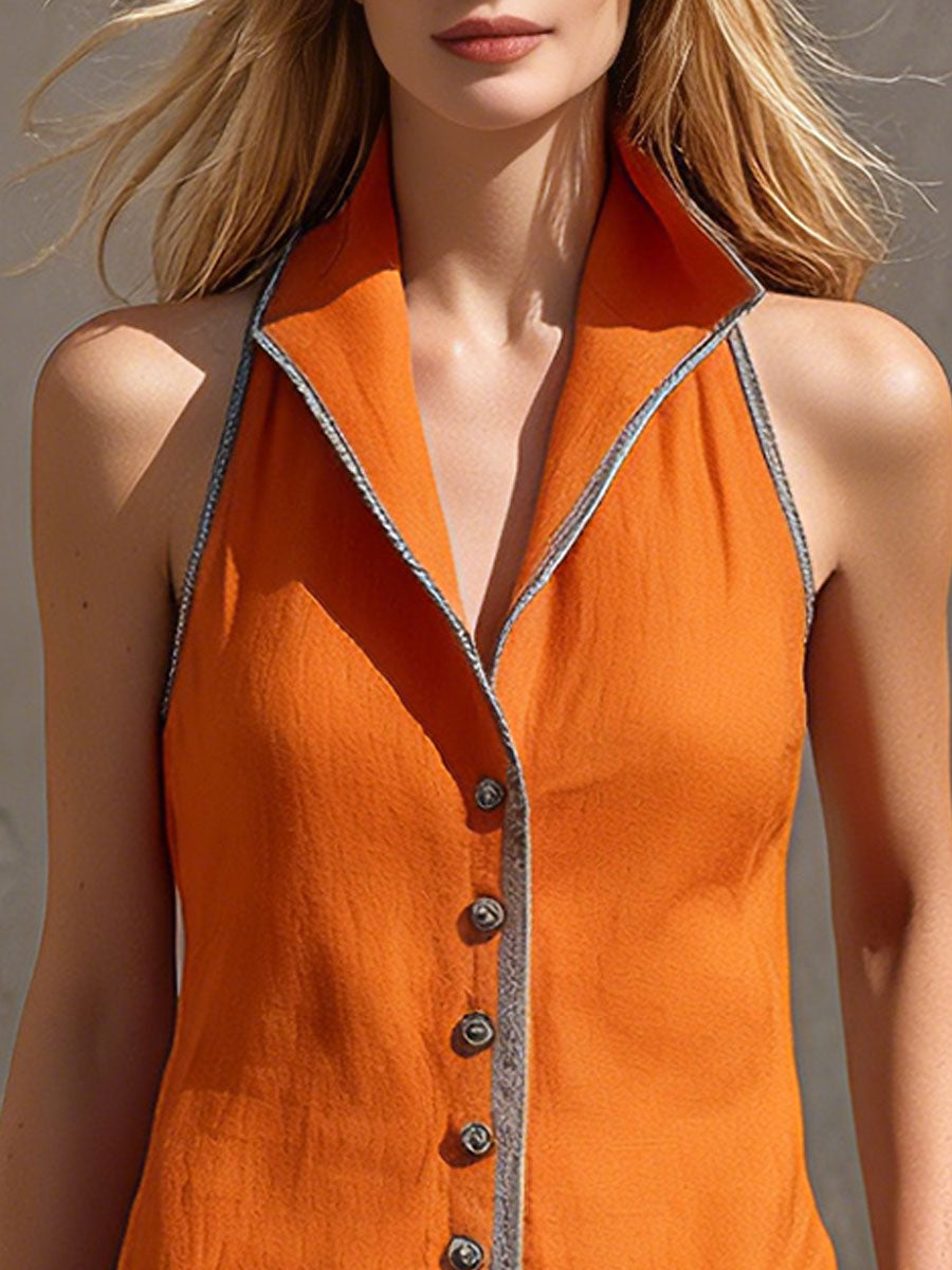 Casual Retro Orange Sleeveless Collared Cotton And Linen Shirt And Skirt Set