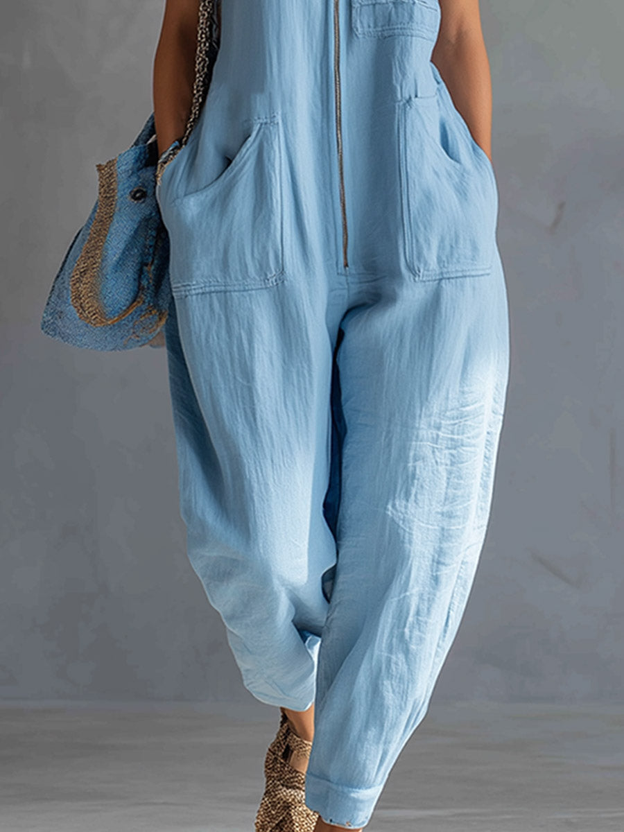 Casual & Stylish Sky-Blue Multi-Pocket Cotton-Linen Jumpsuit
