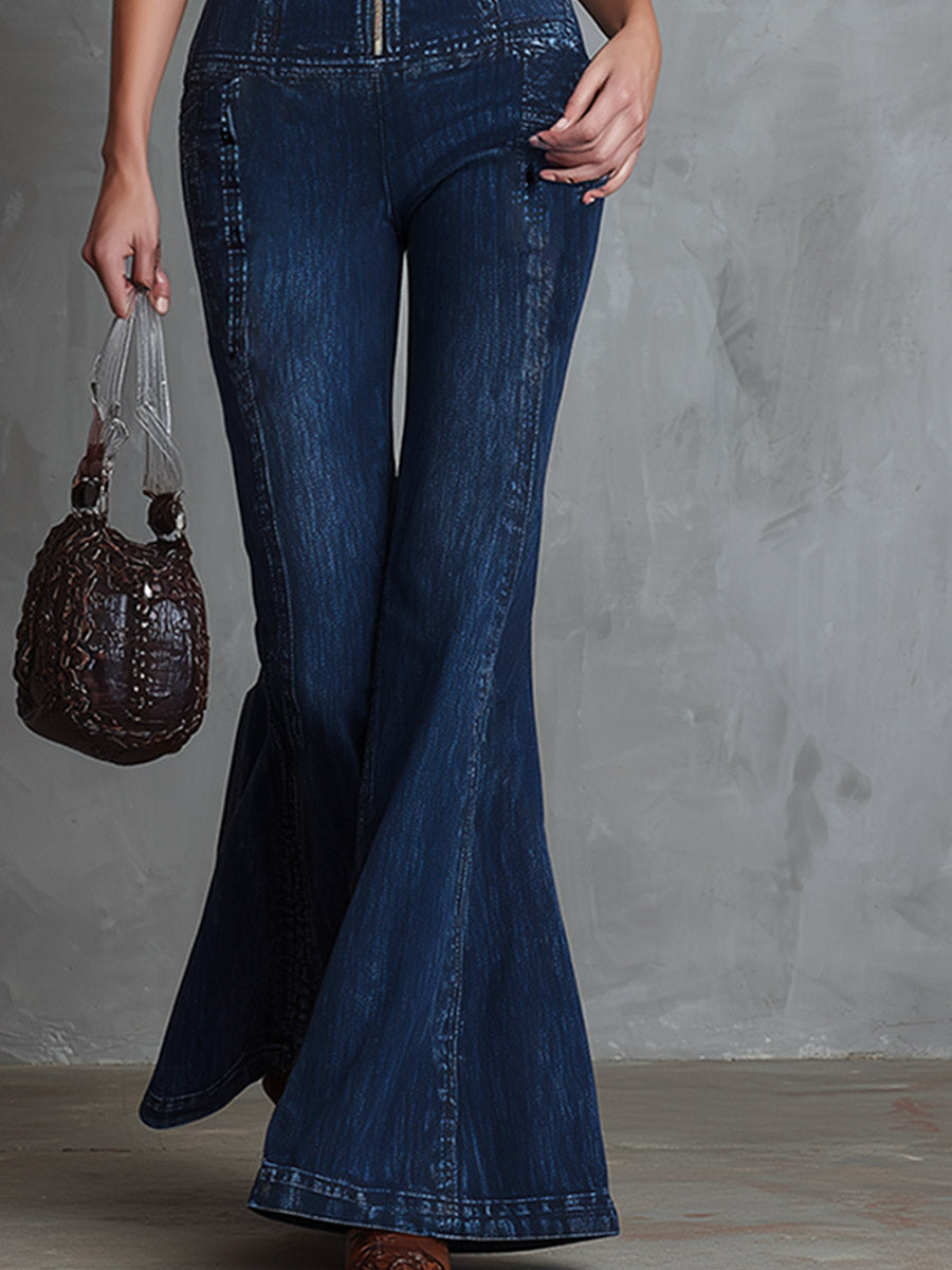Elegant & Minimalist Dark Blue Denim Flared Jumpsuit