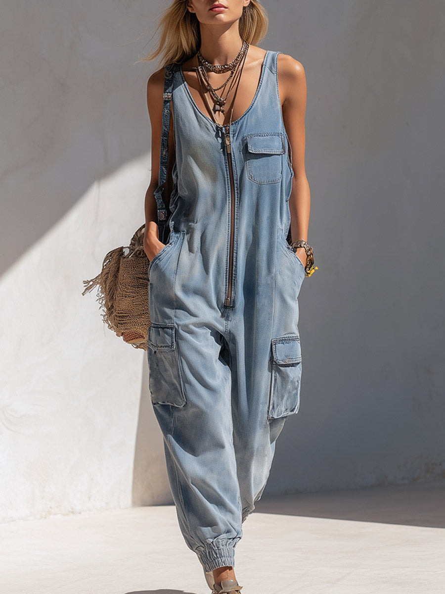 Stylish And Casual Light Blue Denim Multi-pocket Jumpsuit