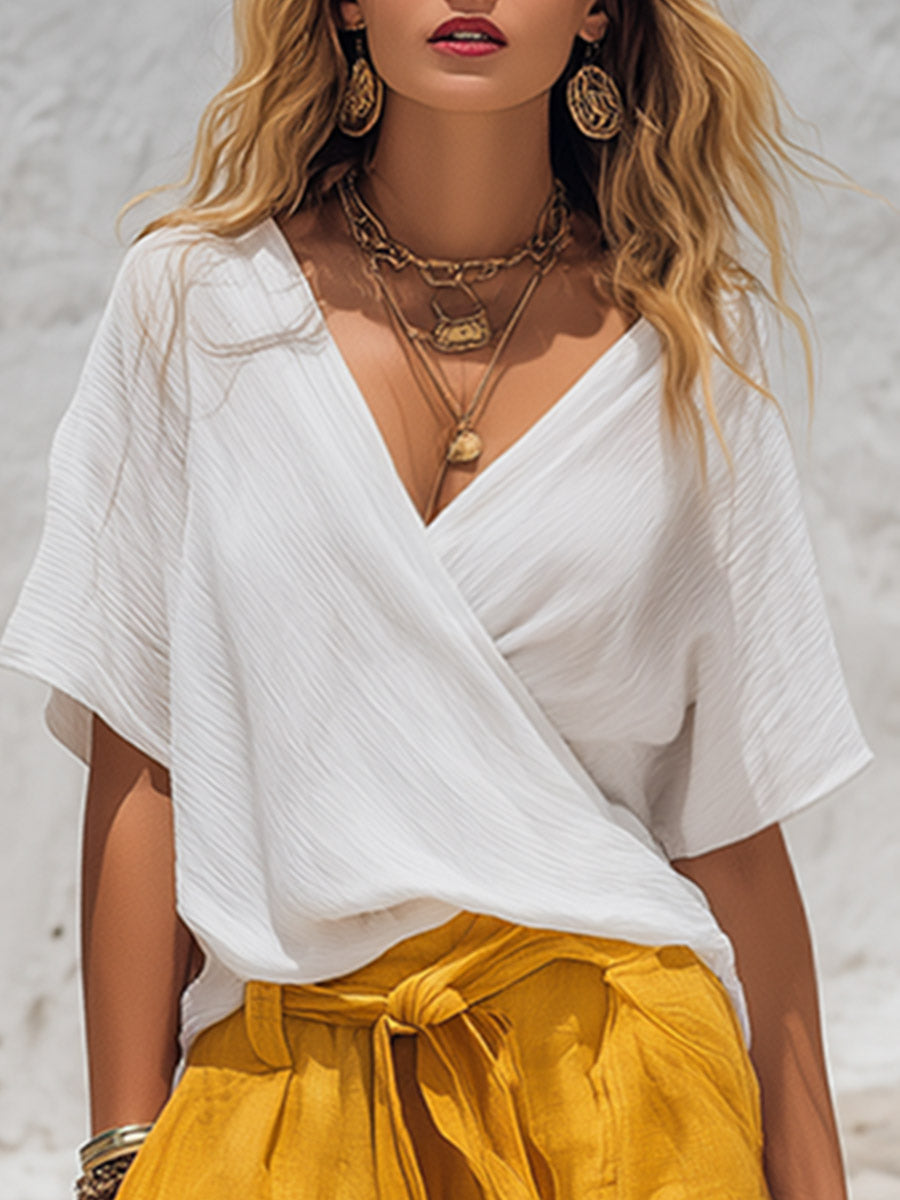 Retro-casual White Crinkled T-shirt And Bright Yellow Cropped Pants Cotton-linen Set
