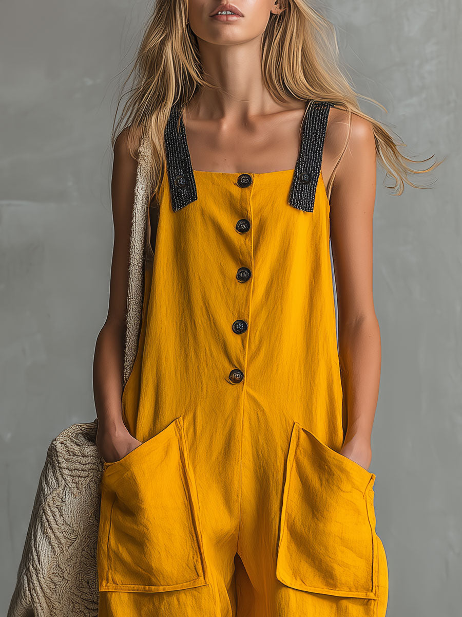 Casual Retro Color-blocked Yellow Sleeveless Button Cotton-linen Jumpsuit