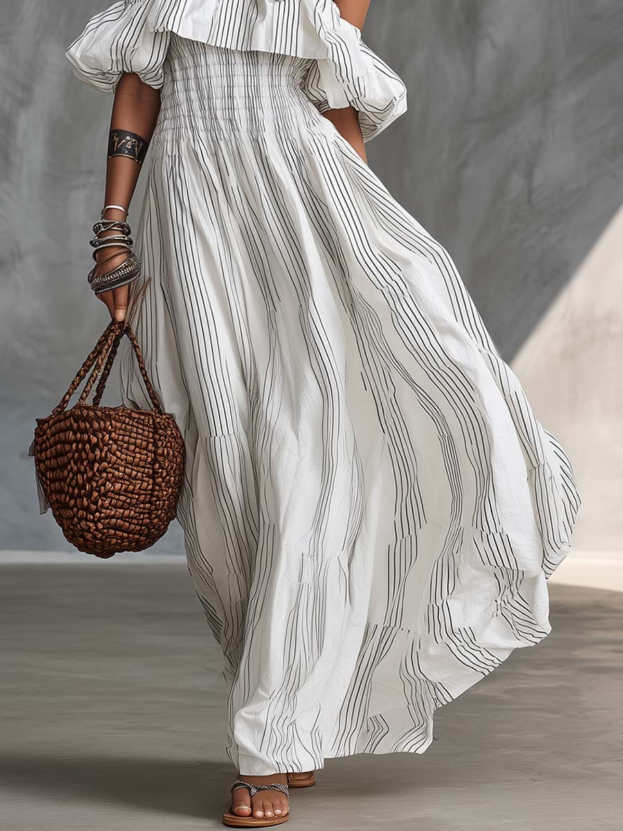 Fashion Vacation Flowy Off-the-shoulder White Pinstripe Maxi Dress