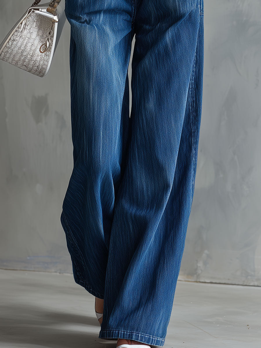 Retro Blue Collared Button Sleeveless Washed Denim Jumpsuit