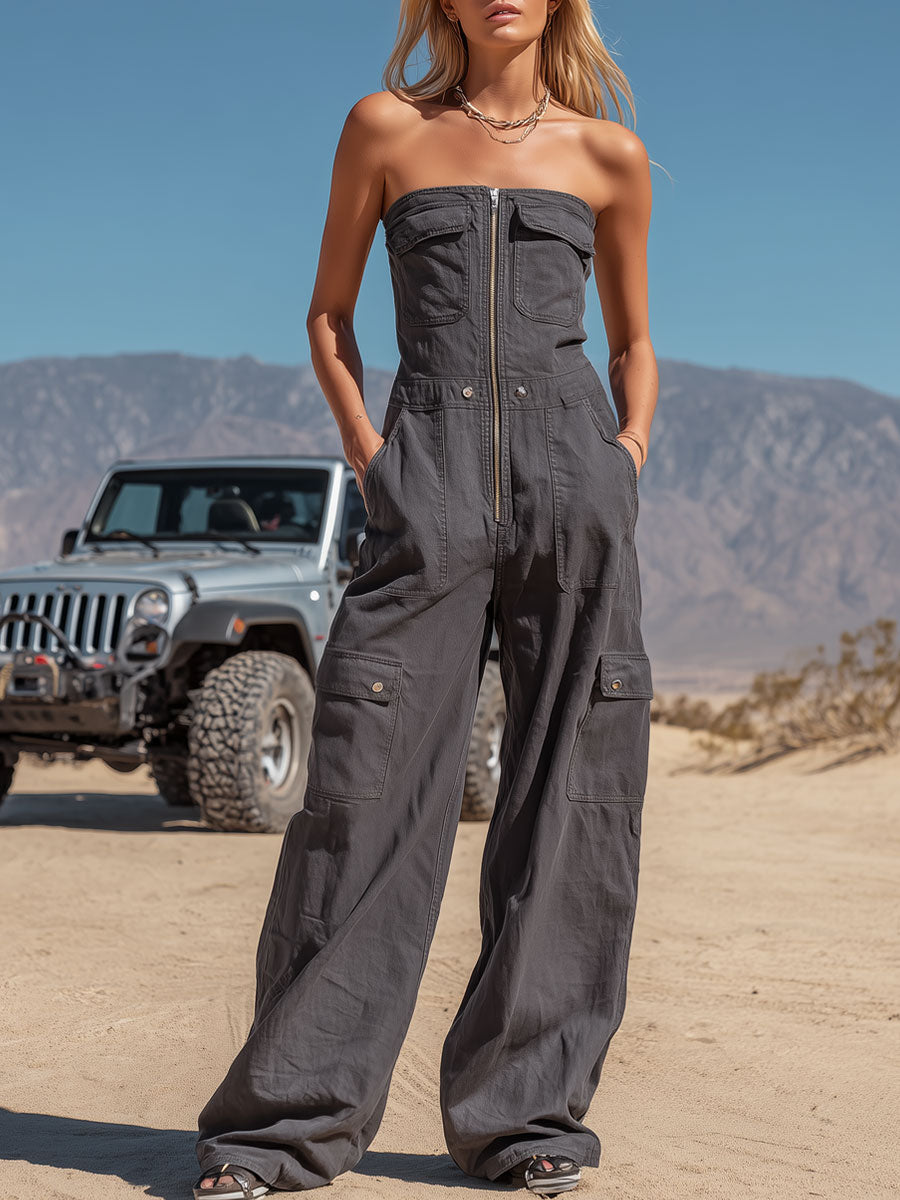 Retro Gray Strapless Multi-pocket Zippered Cotton Jumpsuit