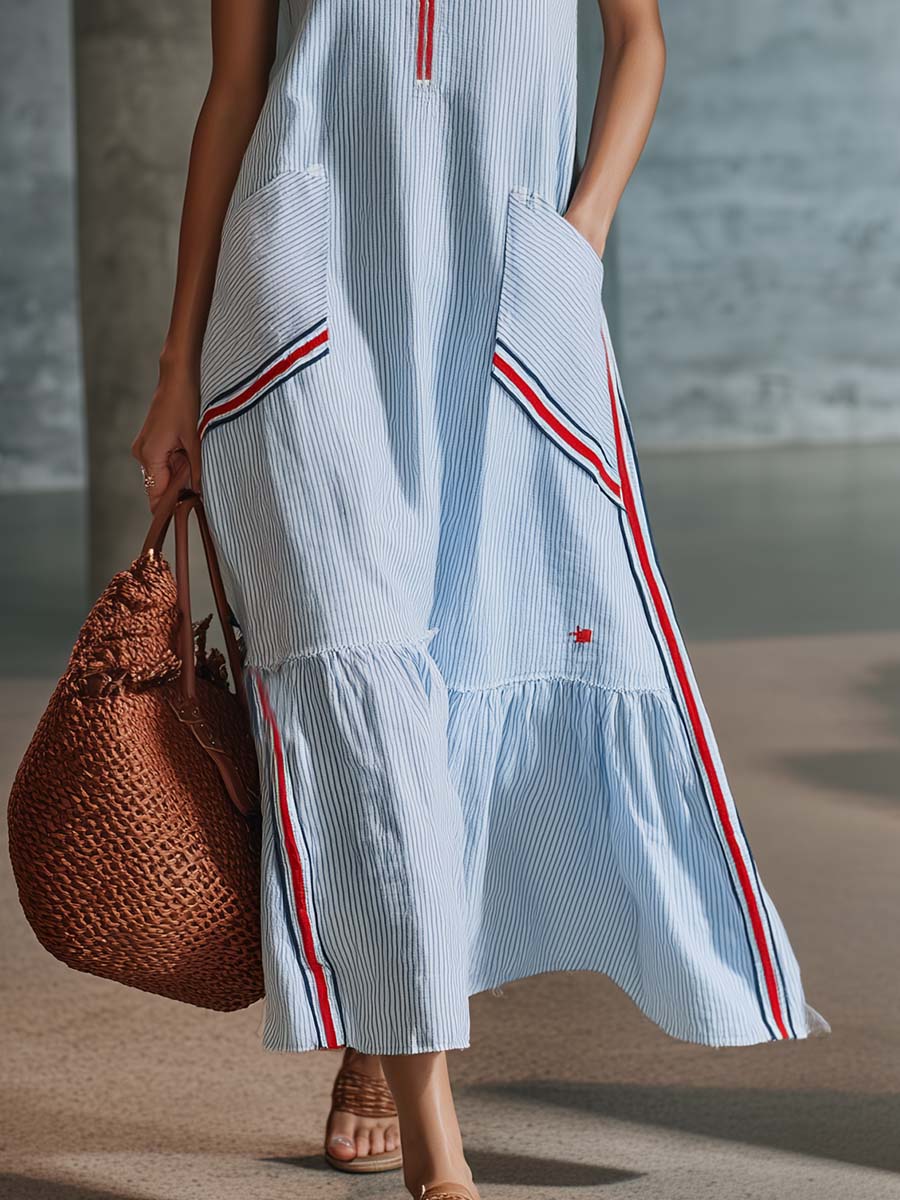 Classic Retro Fashion V-neck Front Zipper Light Blue Striped Midi Dress