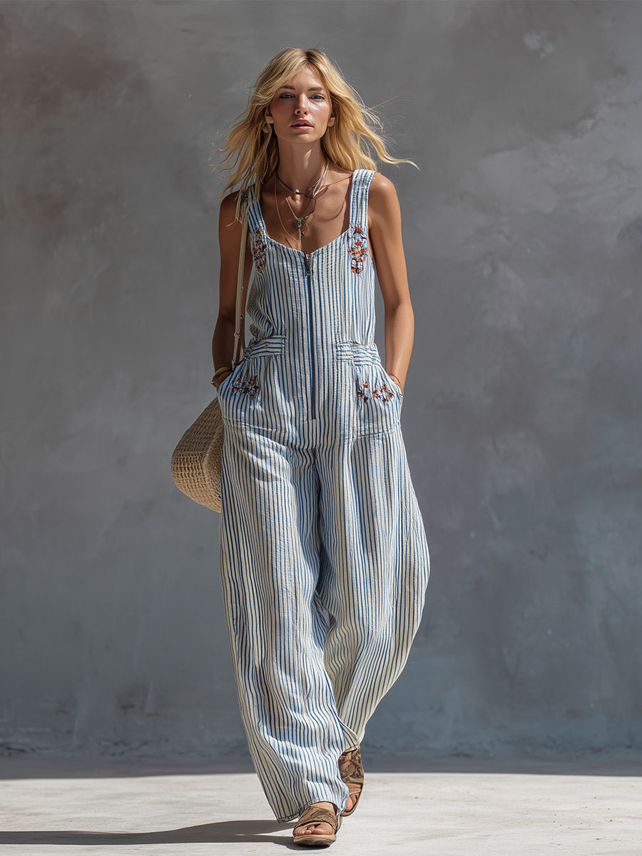 Casual Retro Red-Embroidered Blue-Striped Square-Neck Cotton-Linen Jumpsuit
