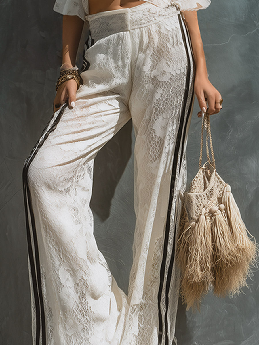 Retro-chic Striped Trim White Off-shoulder Lace T-shirt And Wide-leg Trousers Set