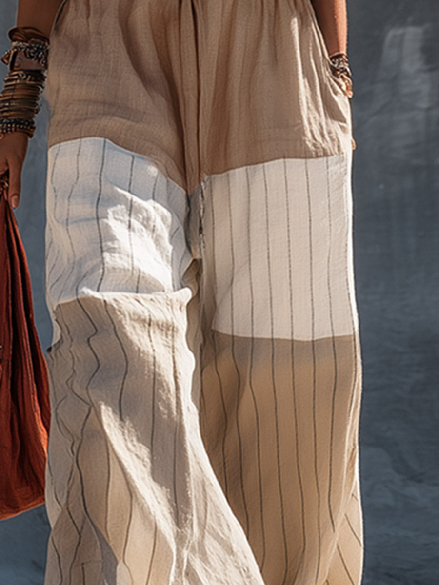 Elegant Casual Khaki Strapless Top And Striped Wide-Leg Pants Cotton-Linen Set