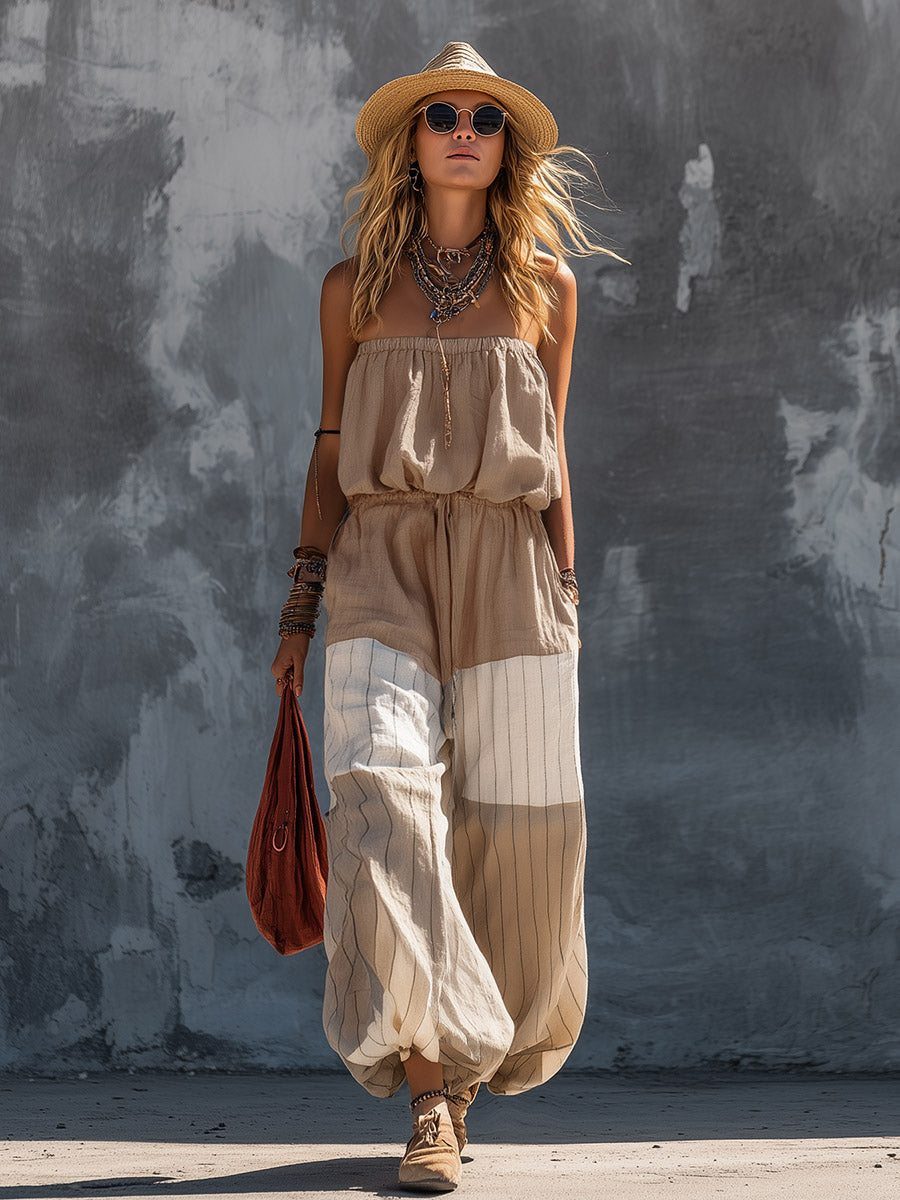 Elegant Casual Khaki Strapless Top And Striped Wide-Leg Pants Cotton-Linen Set