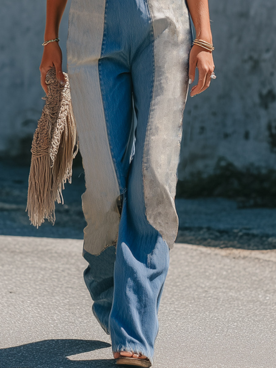 Chic Casual Blue-Grey Color-Block Denim Jumpsuit