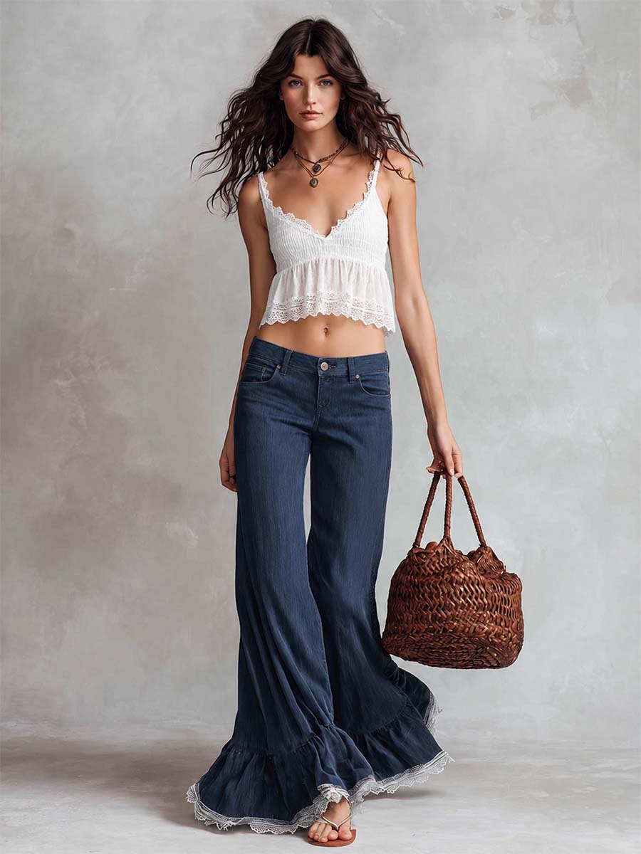 Retro Fashion Dark Blue Tencel Denim Peplum Hem Pants