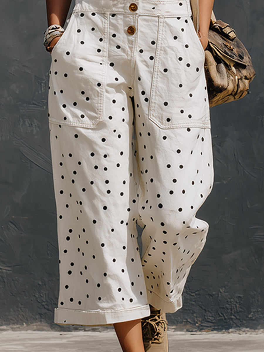 Casual Retro Polka-Dot Print White Denim Cropped Jumpsuit