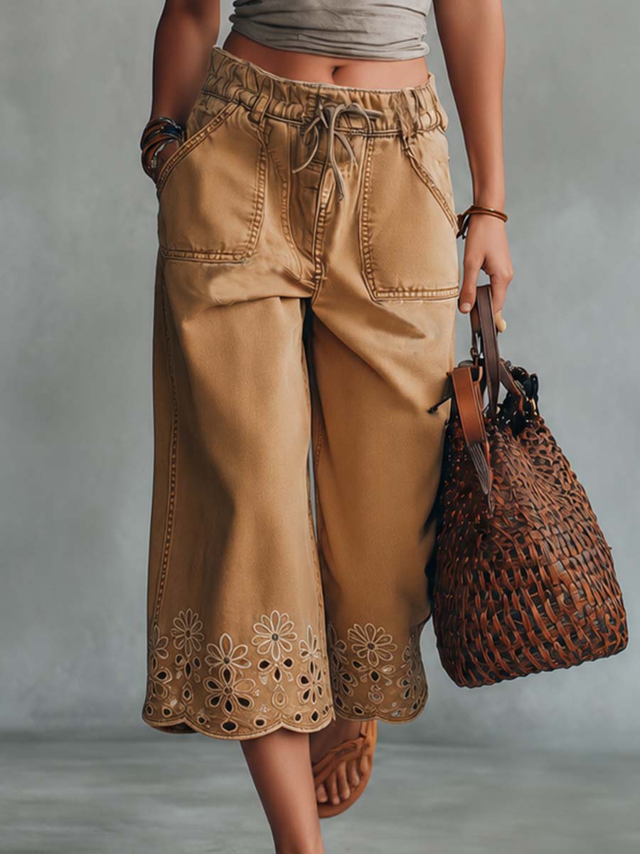 Retro Bohemian Cropped Camel Denim Pants