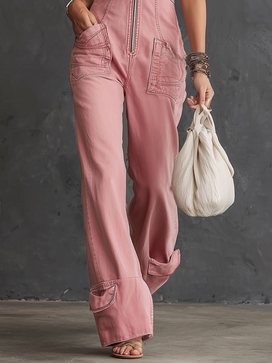 Casual Retro Pink Denim Leopard Print Jumpsuit