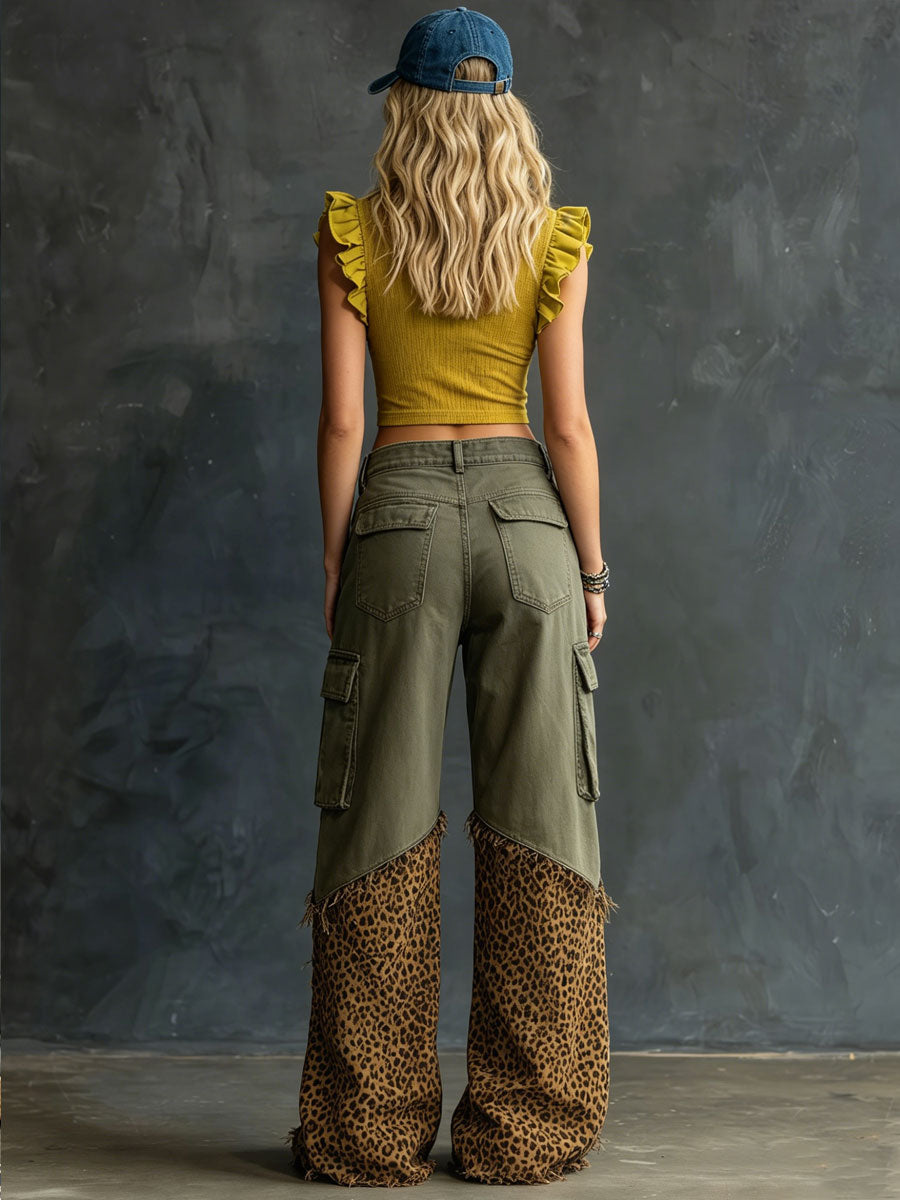 Casual Retro Leopard Print Frayed Army Green Work Jeans
