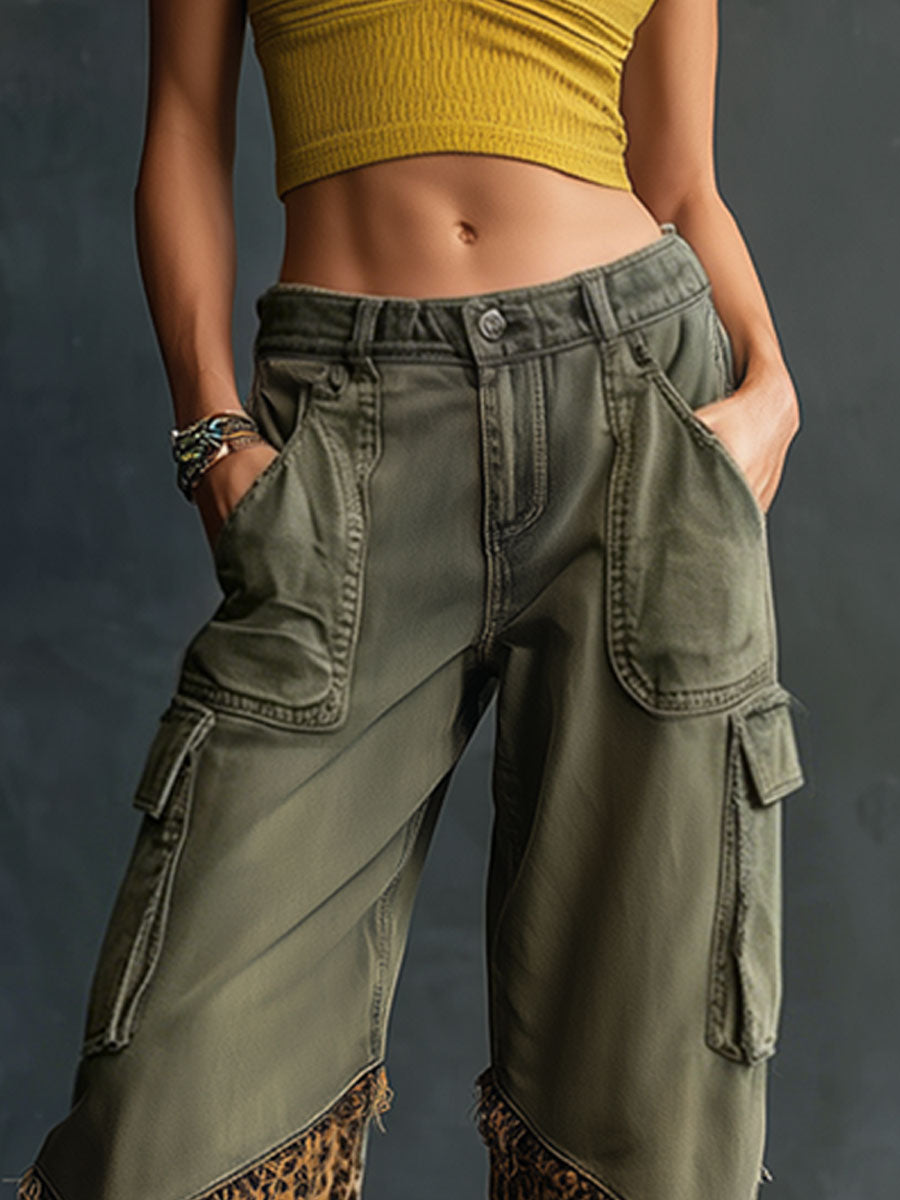 Casual Retro Leopard Print Frayed Army Green Work Jeans