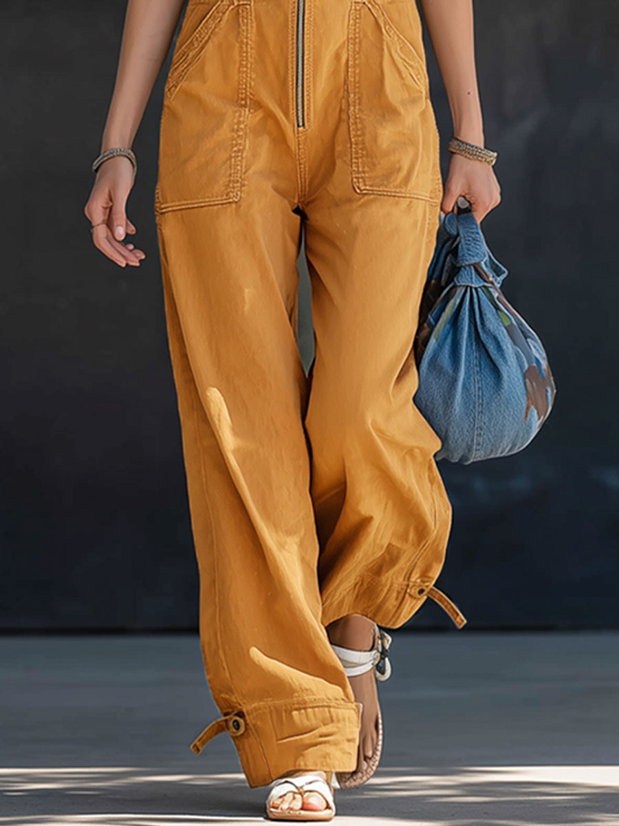Casual Western Retro Yellow Denim Overalls Zipper Jumpsuit
