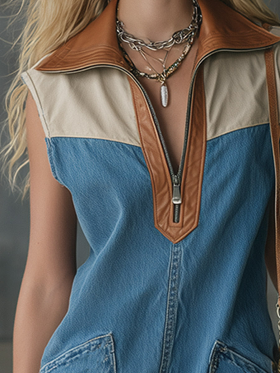 Casual-chic Blue Denim And PU Collared Mini Dress