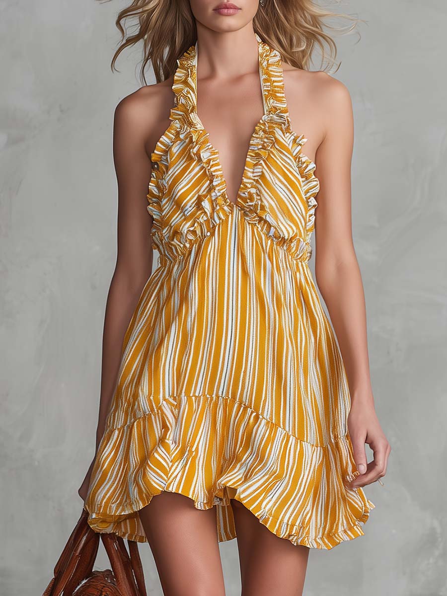 Vintage Vacation Halter-neck V-neck Ruffled Light Yellow Striped Chiffon Mini Dress