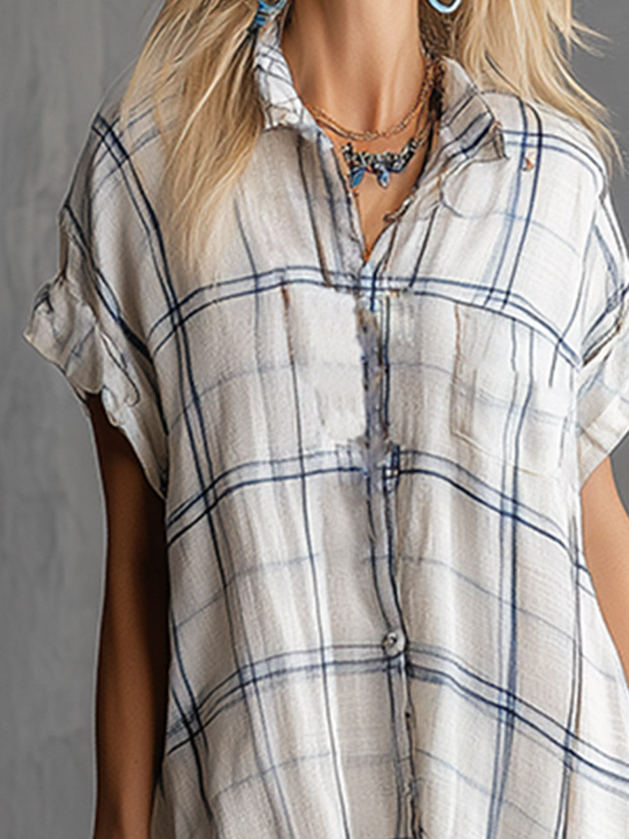 Elegant And Casual White Plaid-print Cotton-linen Short-sleeve Maxi Dress